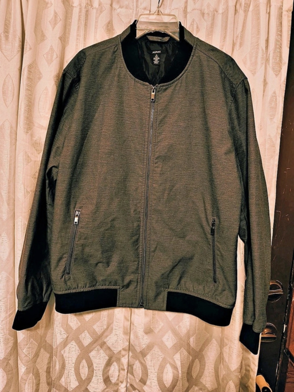 Alfani Mens Charcoal Gray Heather Zip Front Bomber Jacket Black Trim